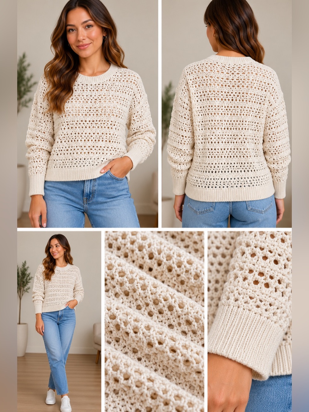 Universal Thread Cream Open Knit Sweater – Size M – Crochet Pullover